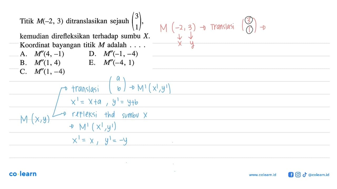 Titik M(-2, 3) ditranslasikan sejauh (3 1), kemudian