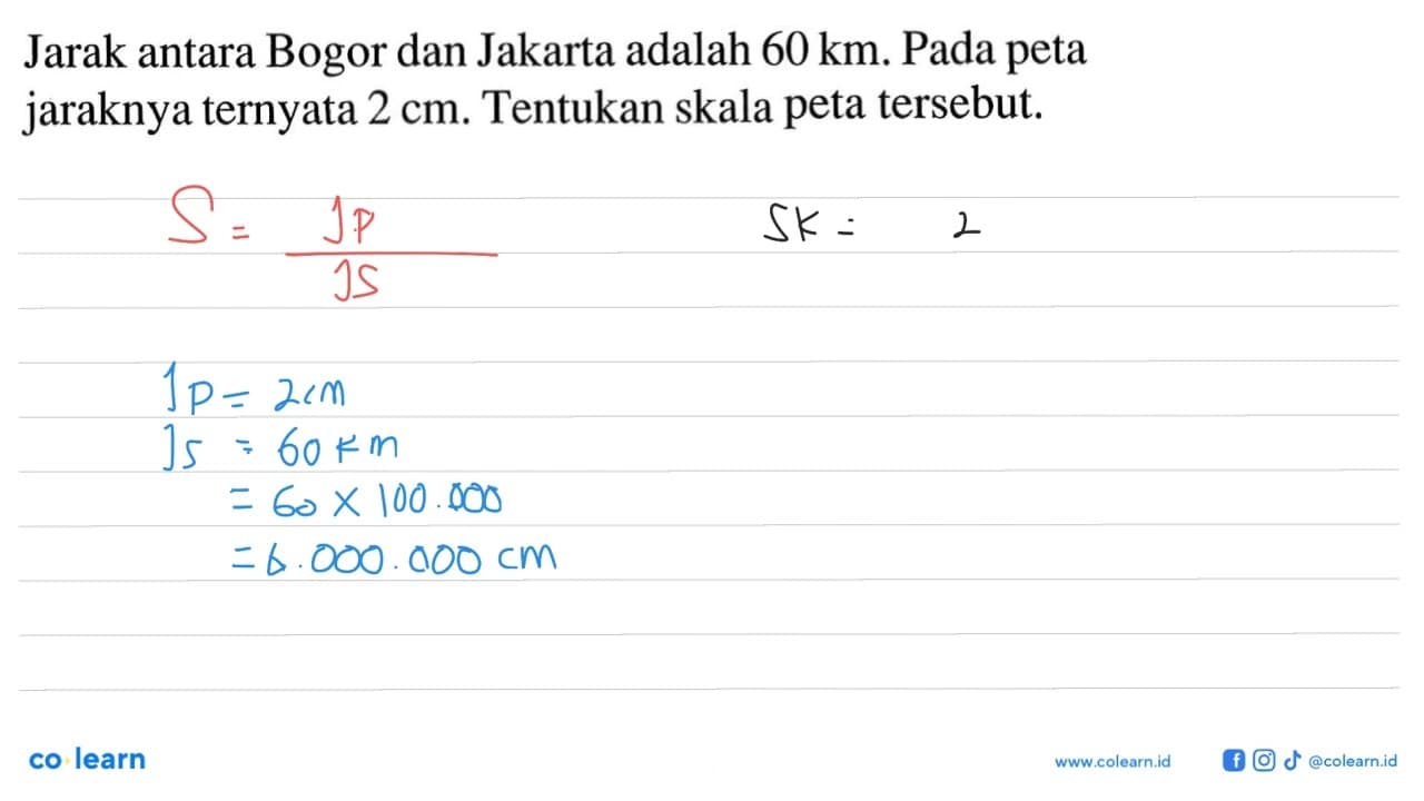 Jarak antara Bogor dan Jakarta adalah 60 km . Pada peta