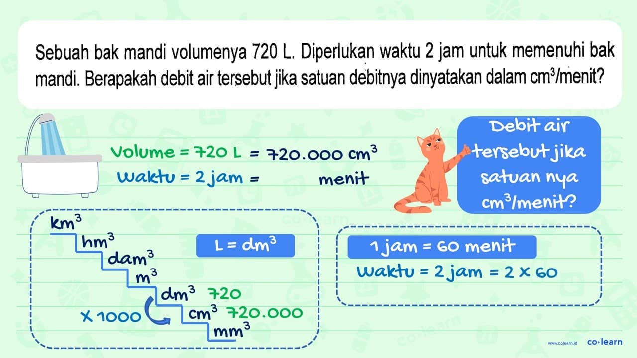 Sebuah bak mandi volumenya 720 L. Diperlukan waktu 2 jam