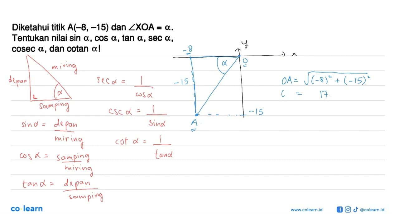 Diketahui titik A(-8,-15) dan sudut XOA=a . Tentukan nilai