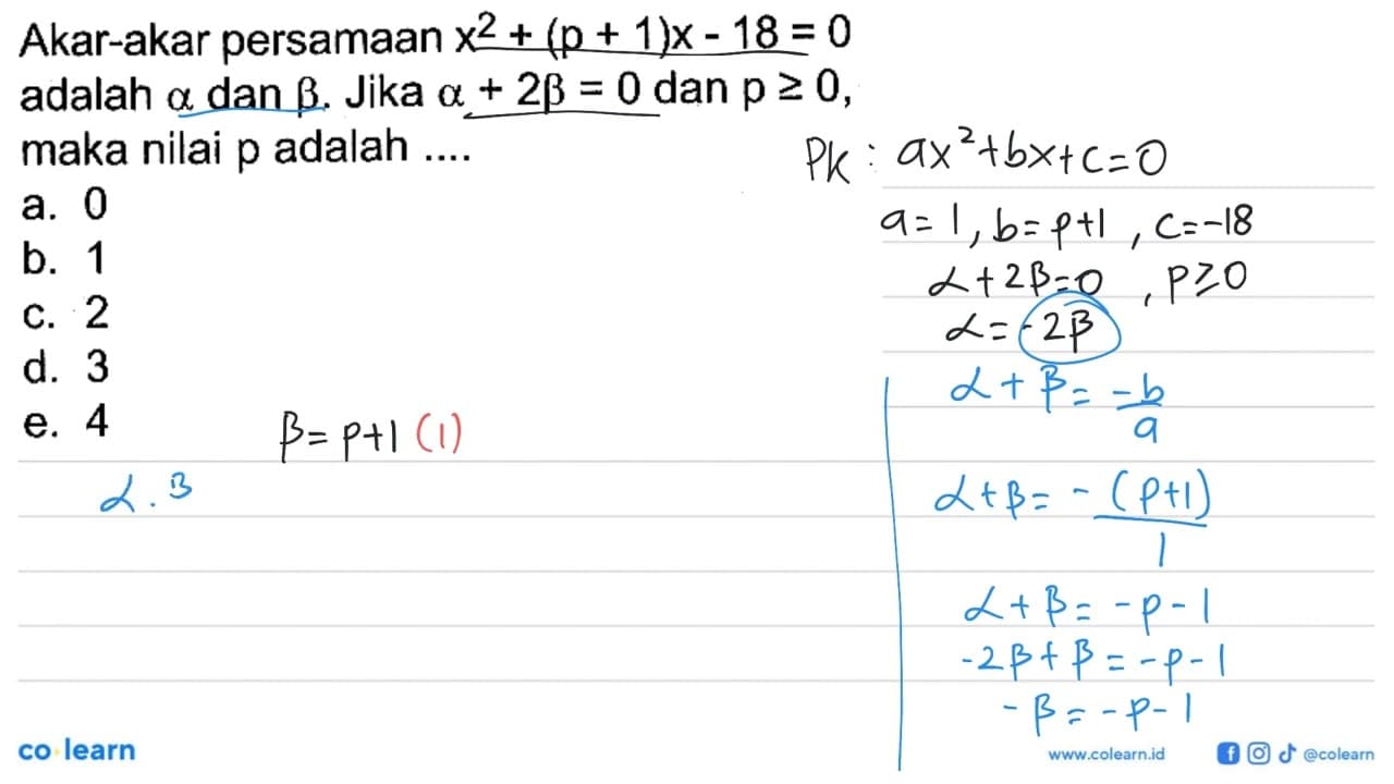 Akar-akar persamaan x^2+(p+1)x-18=0 adalah alpha dan beta.