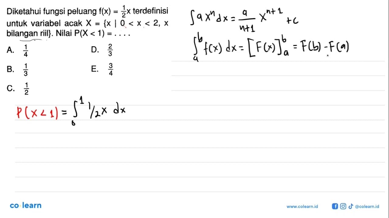 Diketahui fungsi peluang f(x)=1/2 x terdefinisi untuk