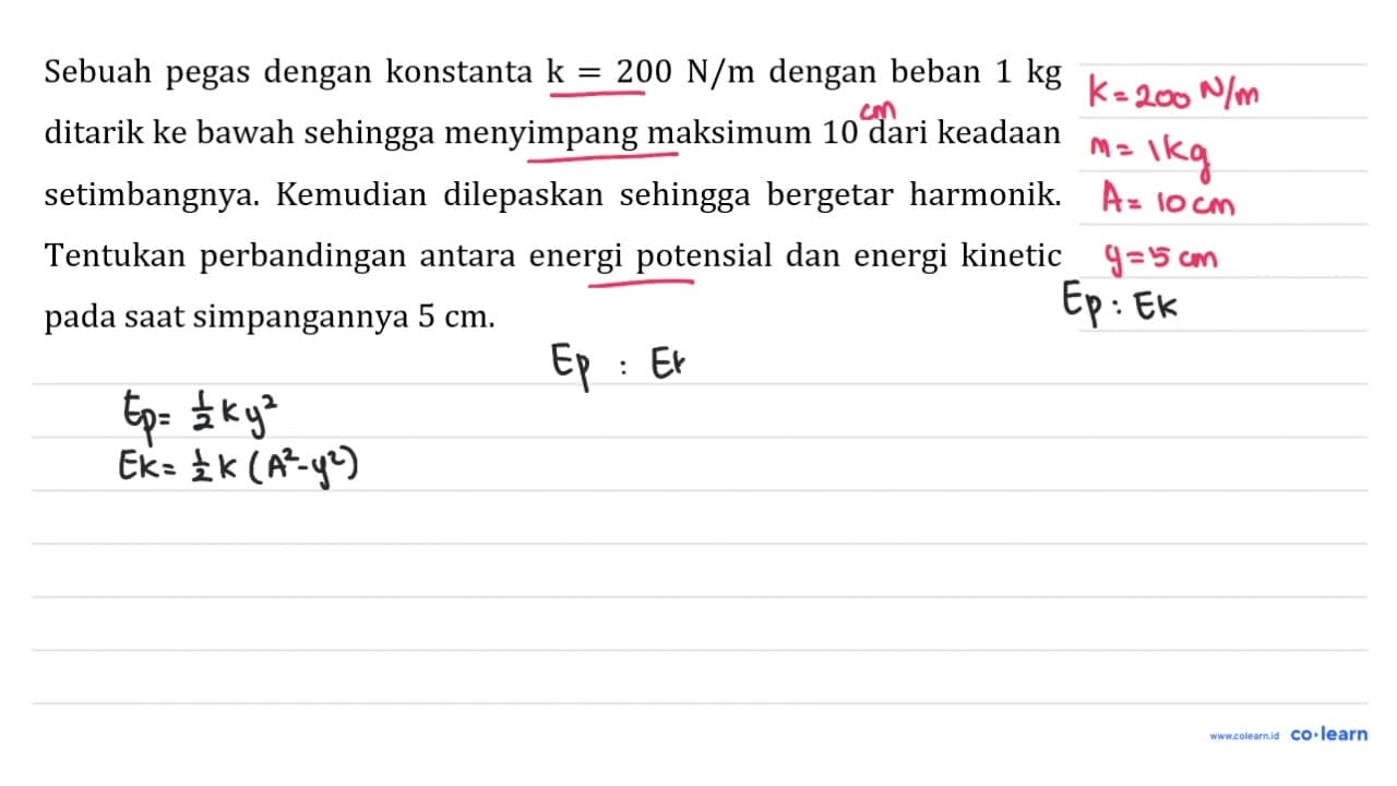 Sebuah pegas dengan konstanta k=200 ~N / m dengan beban 1