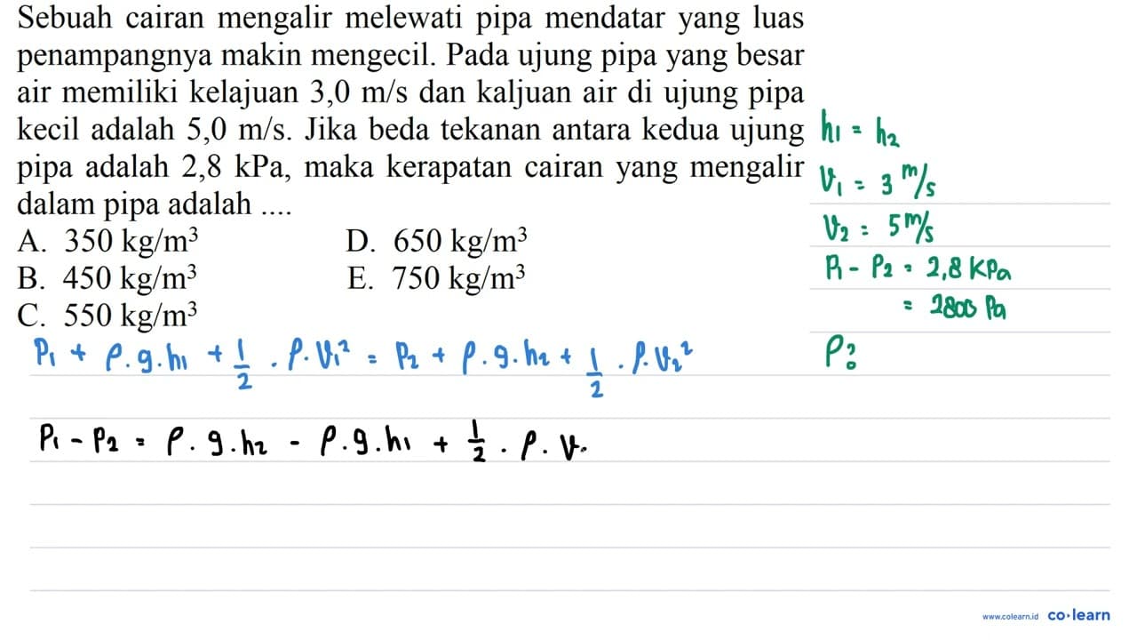 Sebuah cairan mengalir melewati pipa mendatar yang luas