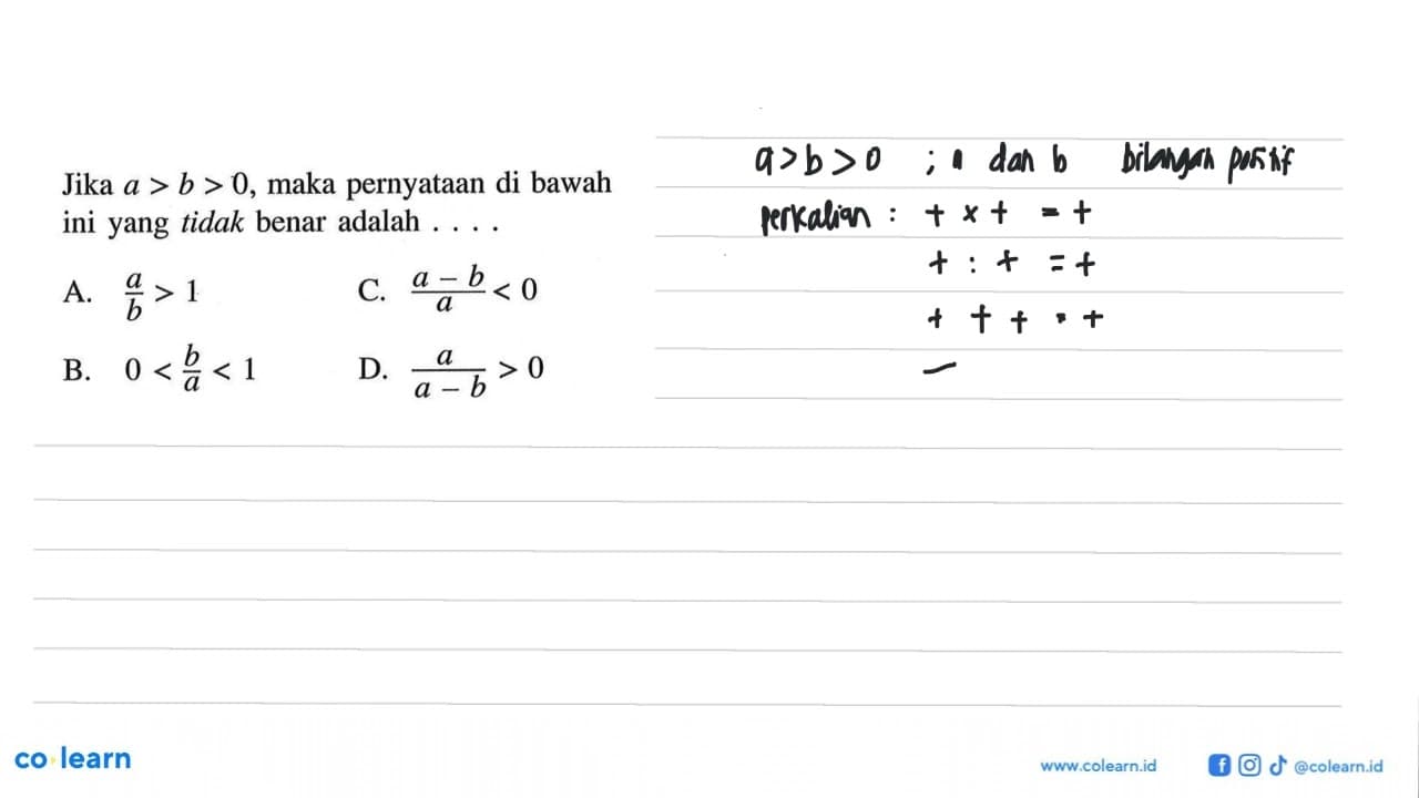 Jika a > b > 0, maka pernyataan di bawah ini yang tidak
