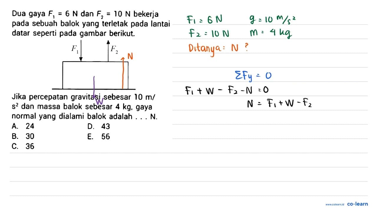 Dua gaya F_{1}=6 N dan F_{2}=10 N bekerja pada sebuah balok