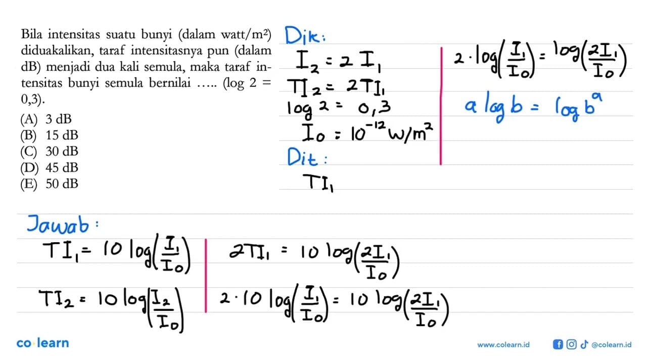 Bila intensitas suatu bunyi (dalam watt/m^2 ) diduakalikan,