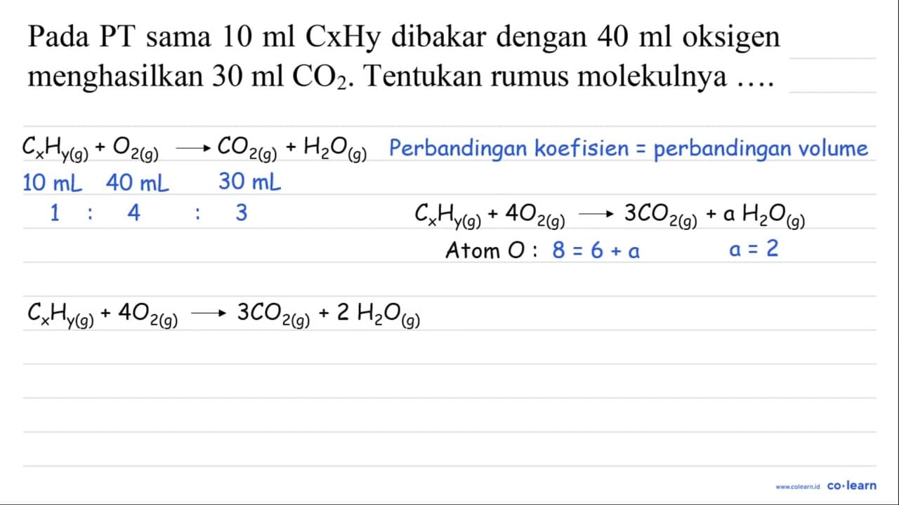 Pada PT sama 10 ml CxHy dibakar dengan 40 ml oksigen