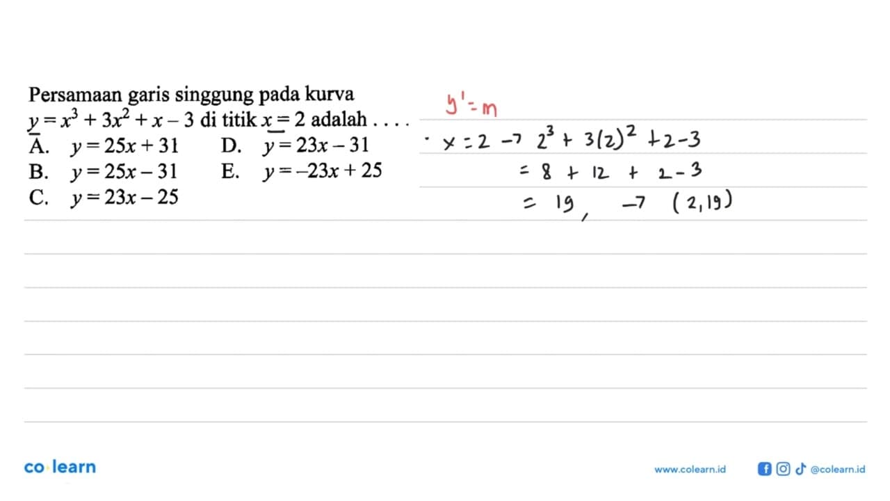 Persamaan garis singgung pada kurva y=x^3+3x^2+x-3 di titik