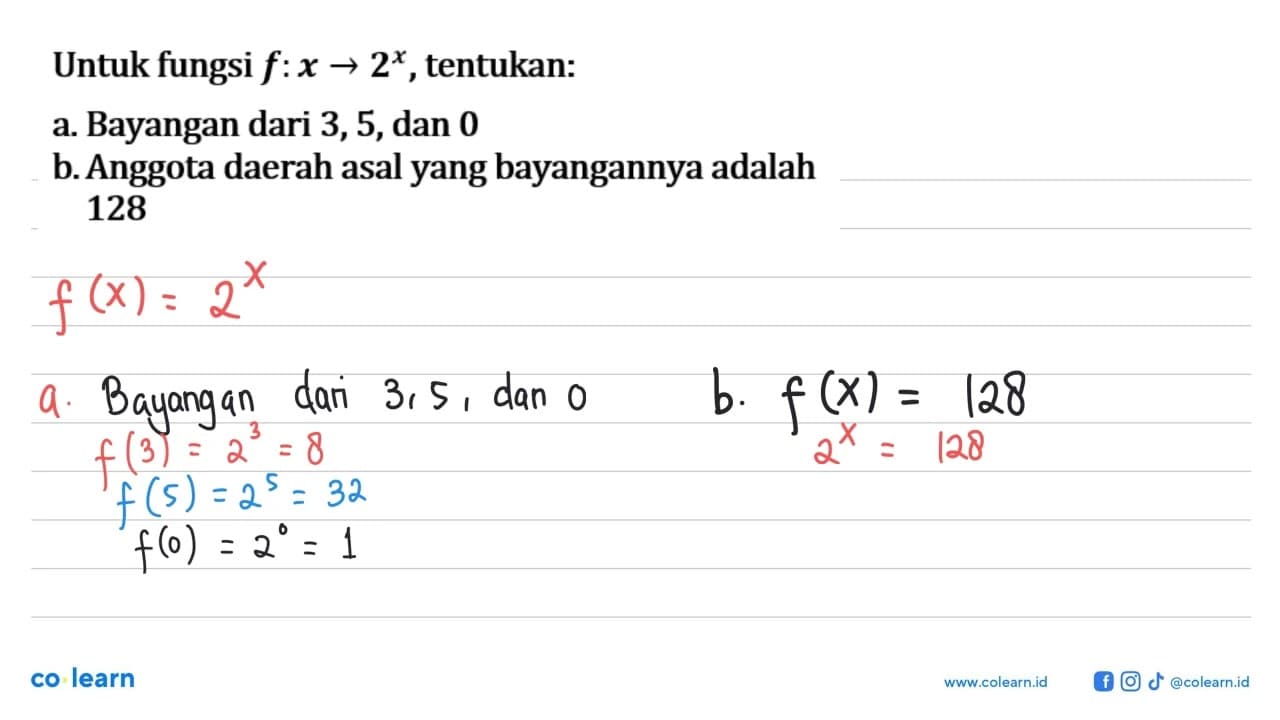 Untuk fungsi f: x -> 2^x , tentukan:a. Bayangan dari 3, 5,