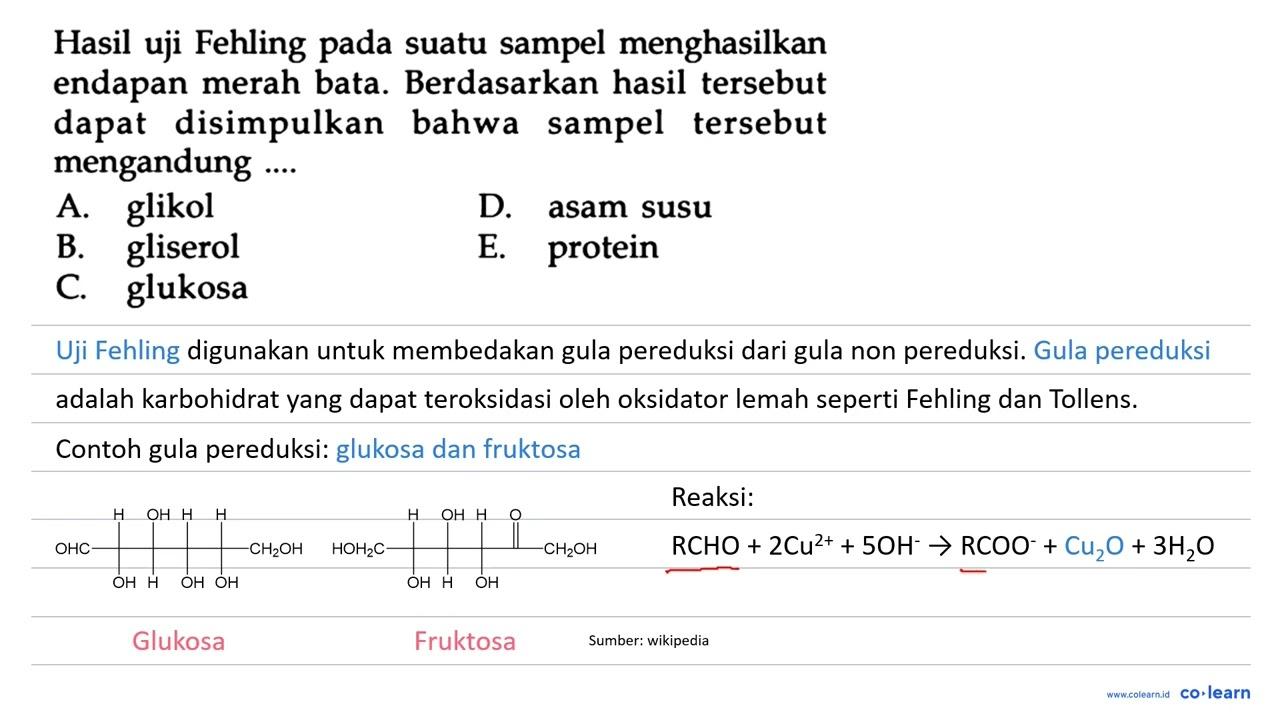 Hasil uji Fehling pada suatu sampel menghasilkan endapan