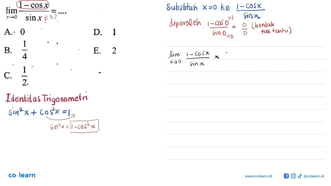 limit x -> ((1-cos x)/(sin x))= ....