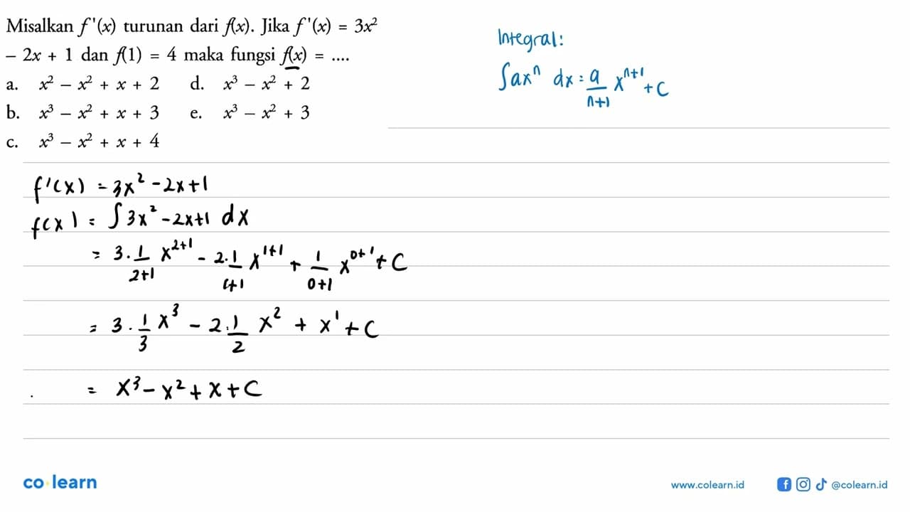 Misalkan f'(x) turunan dari f(x). Jika f'(x)=3x^2-2x+1 dan