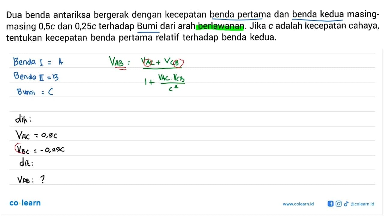 Dua benda antariksa bergerak dengan kecepatan benda pertama