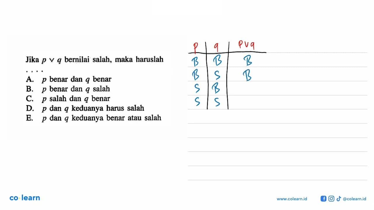 Jika p v q bernilai salah, maka haruslah .... A. p benar