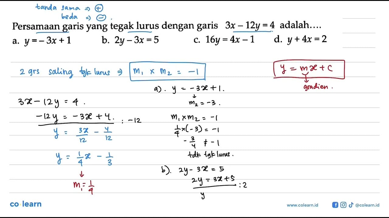 Persamaan yang tegak lurus dengan garis garis 3x - 12y = 4