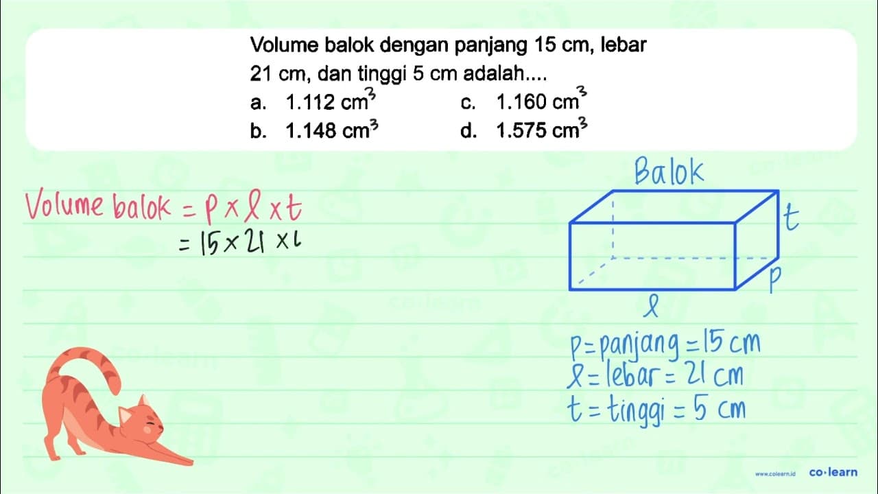 Volume balok dengan panjang 15 cm, lebar 21 cm, dan tinggi