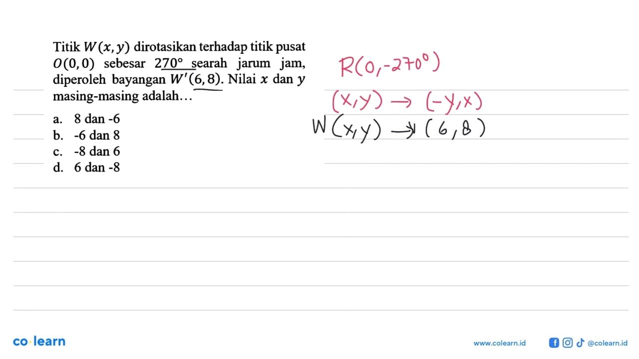 Titik W(x,y) dirotasikan terhadap titik pusat O(0,0)