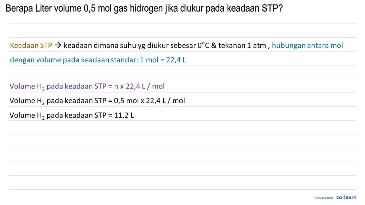 Berapa Liter volume 0,5 mol gas hidrogen jika diukur pada