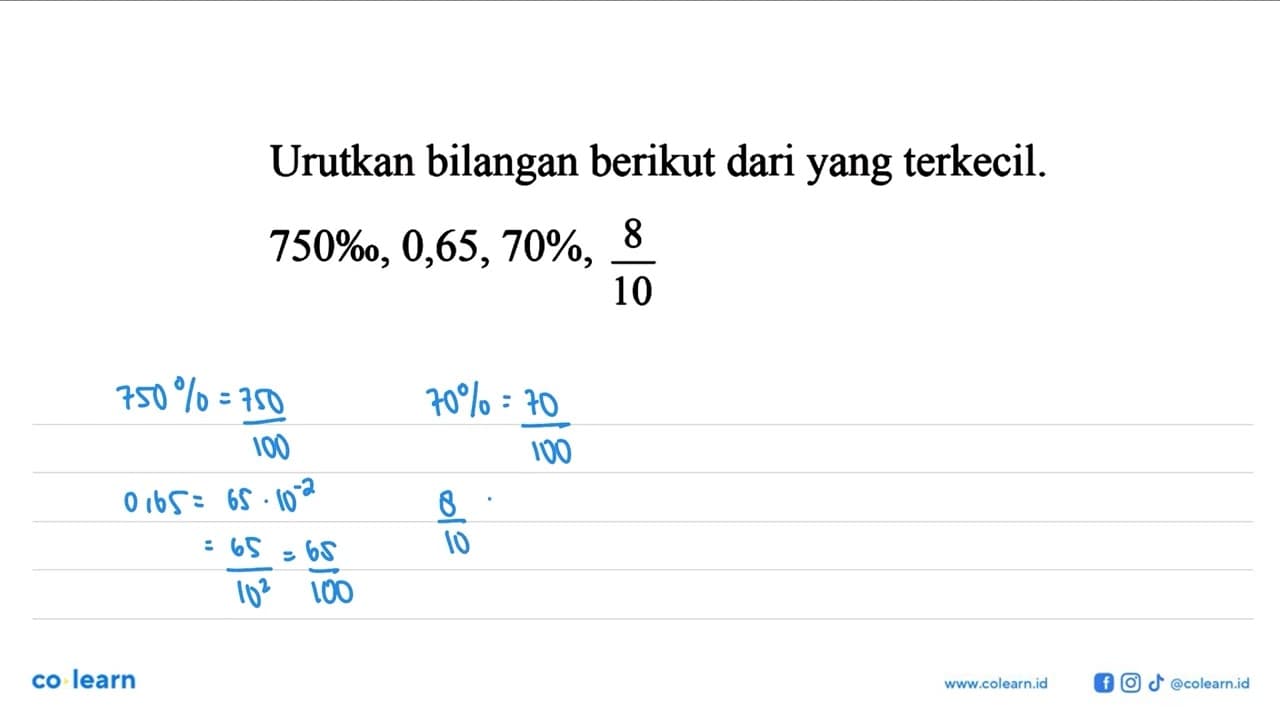 Urutkan bilangan berikut dari yang terkecil 750%, 0,65,