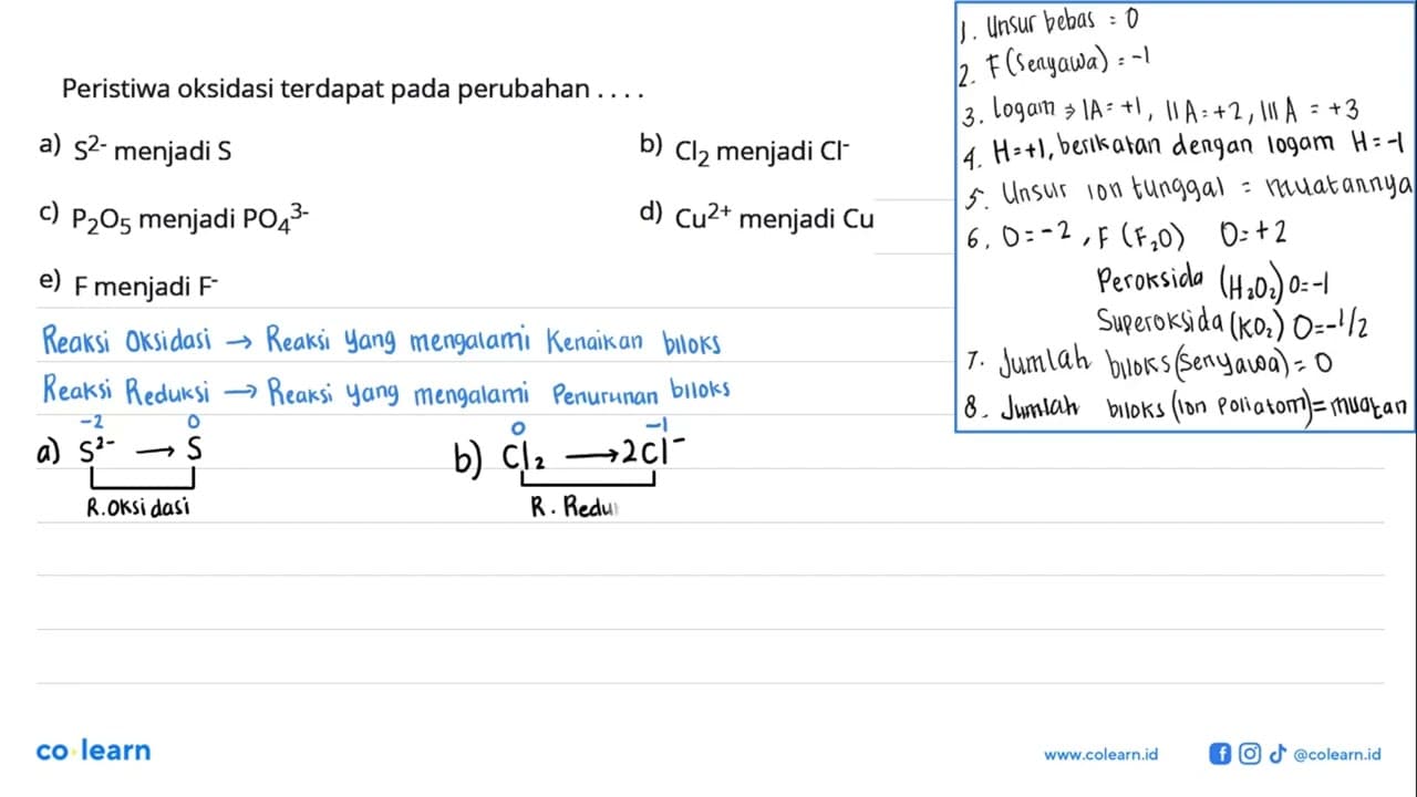 Peristiwa oksidasi terdapat pada perubahan .... a) s^2-