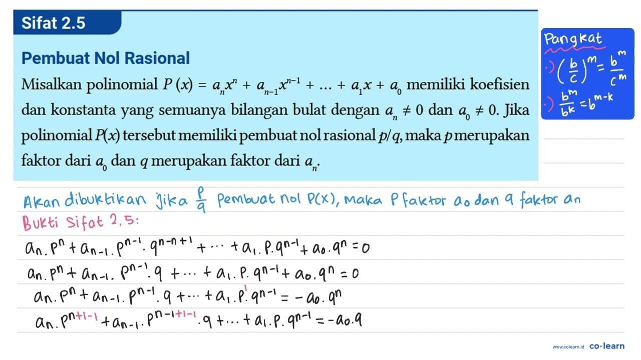 Sifat 2.5 Pembuat Nol Rasional Misalkan polinomial