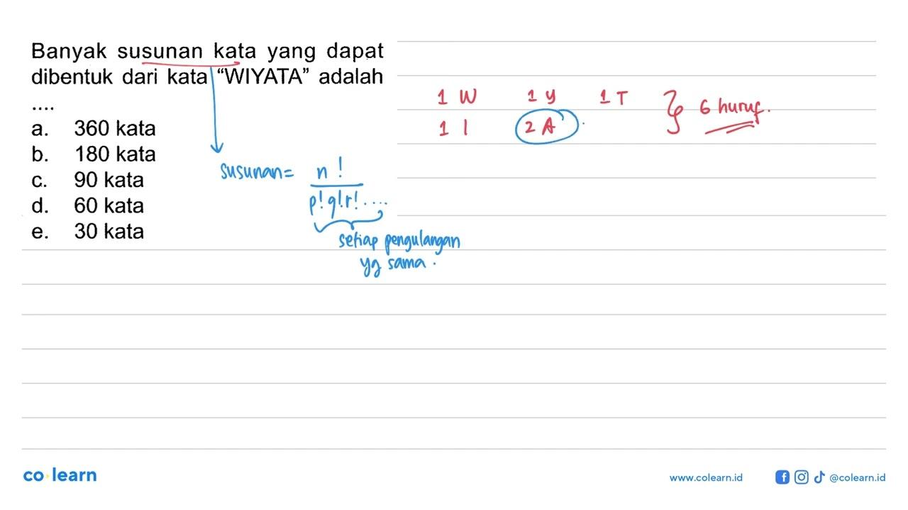 Banyak kata dapat susunan yang dibentuk dari kata 'WIYATA'