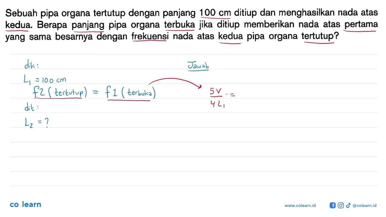 Sebuah pipa organa tertutup dengan panjang 100 cm ditiup