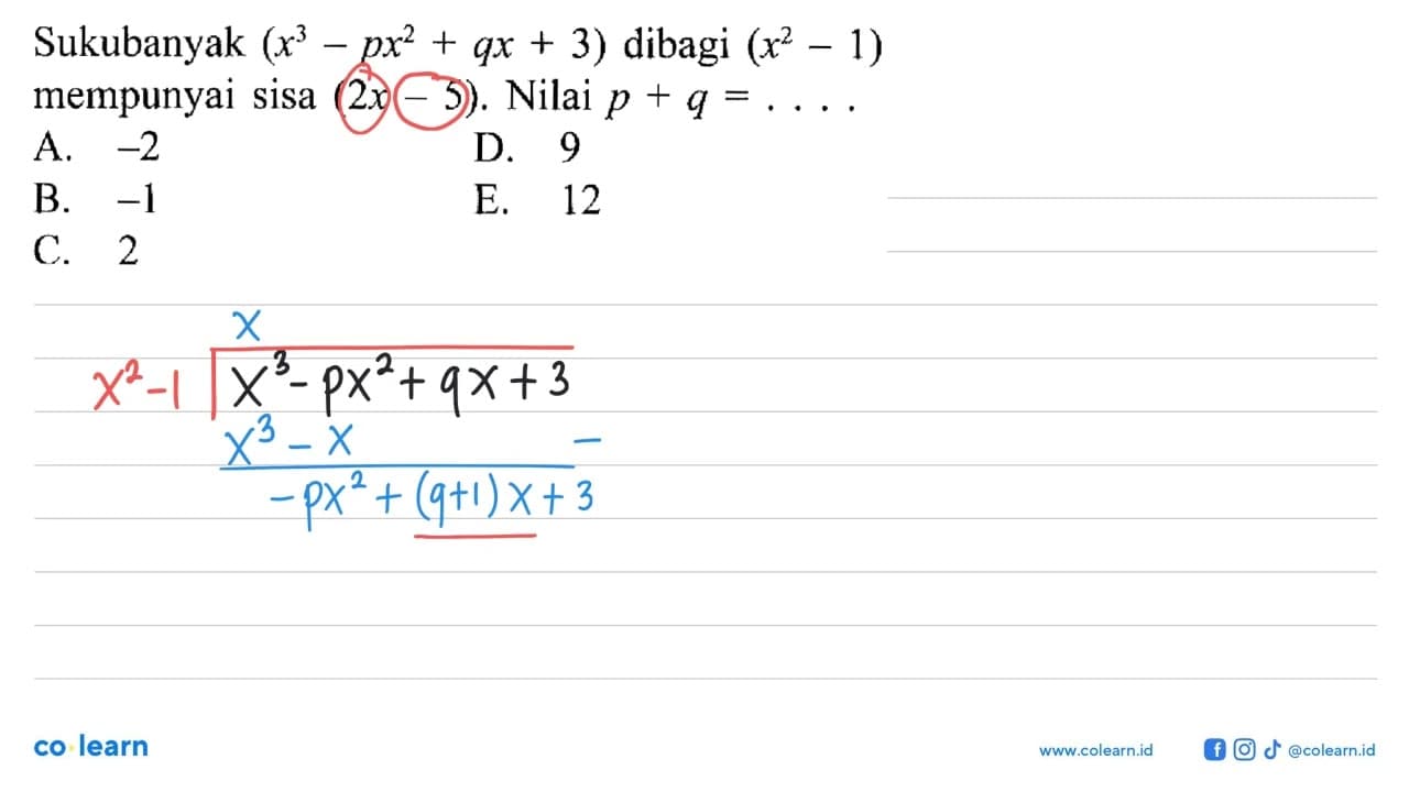 Sukubanyak (x^3-px^2+qx+3) dibagi (x^2-1) mempunyai sisa (2