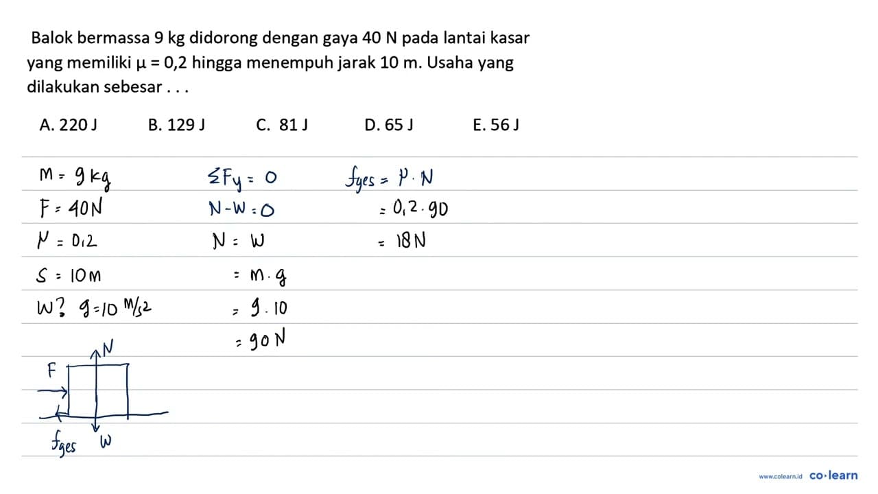 Balok bermassa 9 kg didorong dengan gaya 40 ~N pada lantai