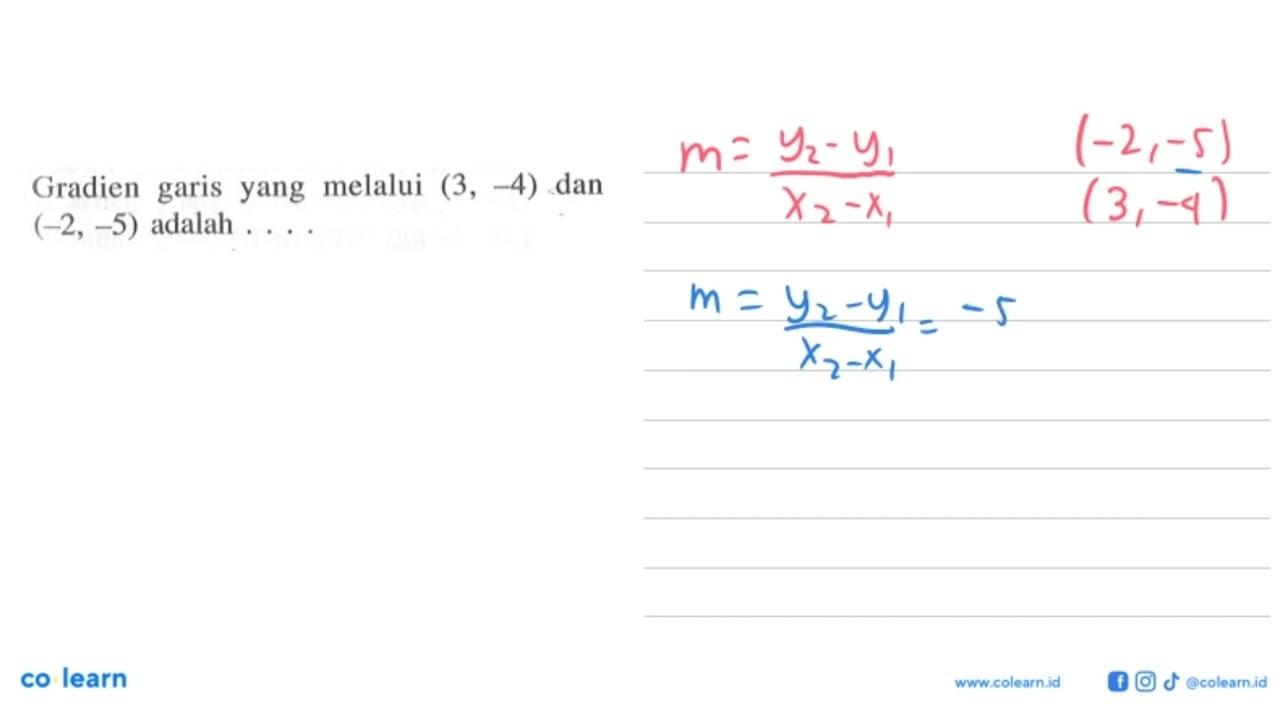 Gradien garis yang melalui (3, -4) dan (-2,-5) adalah...