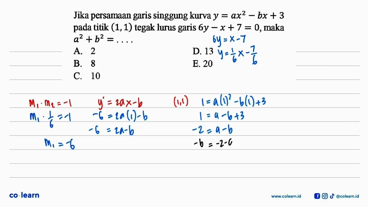 Jika persamaan garis singgung kurva y=ax^2-bx+3 pada titik