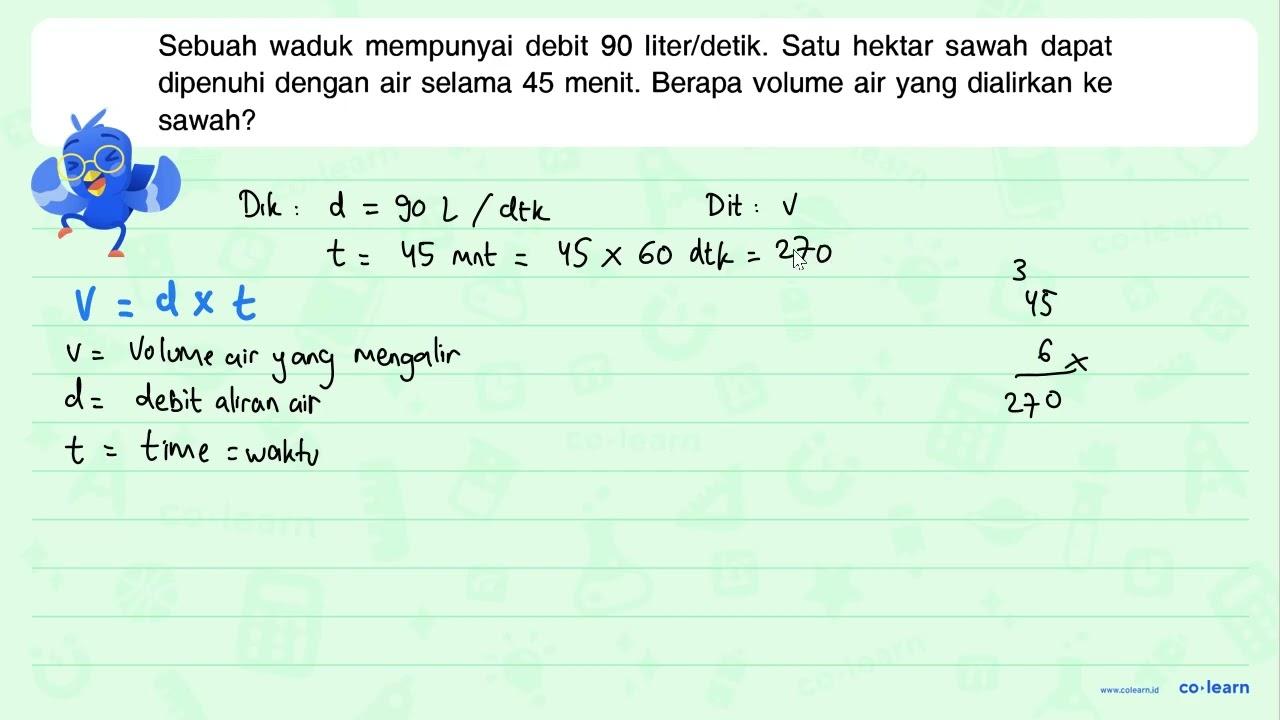 Sebuah waduk mempunyai debit 90 liter/detik. Satu hektar