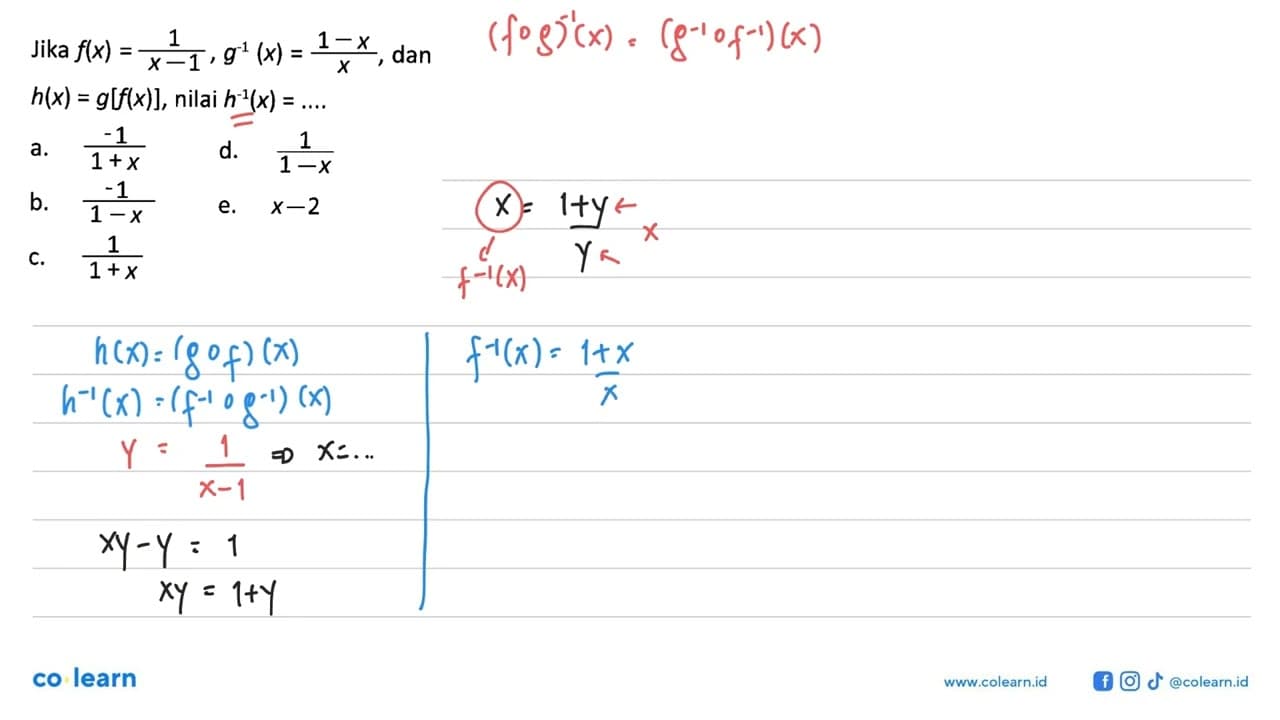 Jika f(x)=1/(x-1), g^(-1)(x)=(1-x)/x, dan h(x)=g[f(x)],