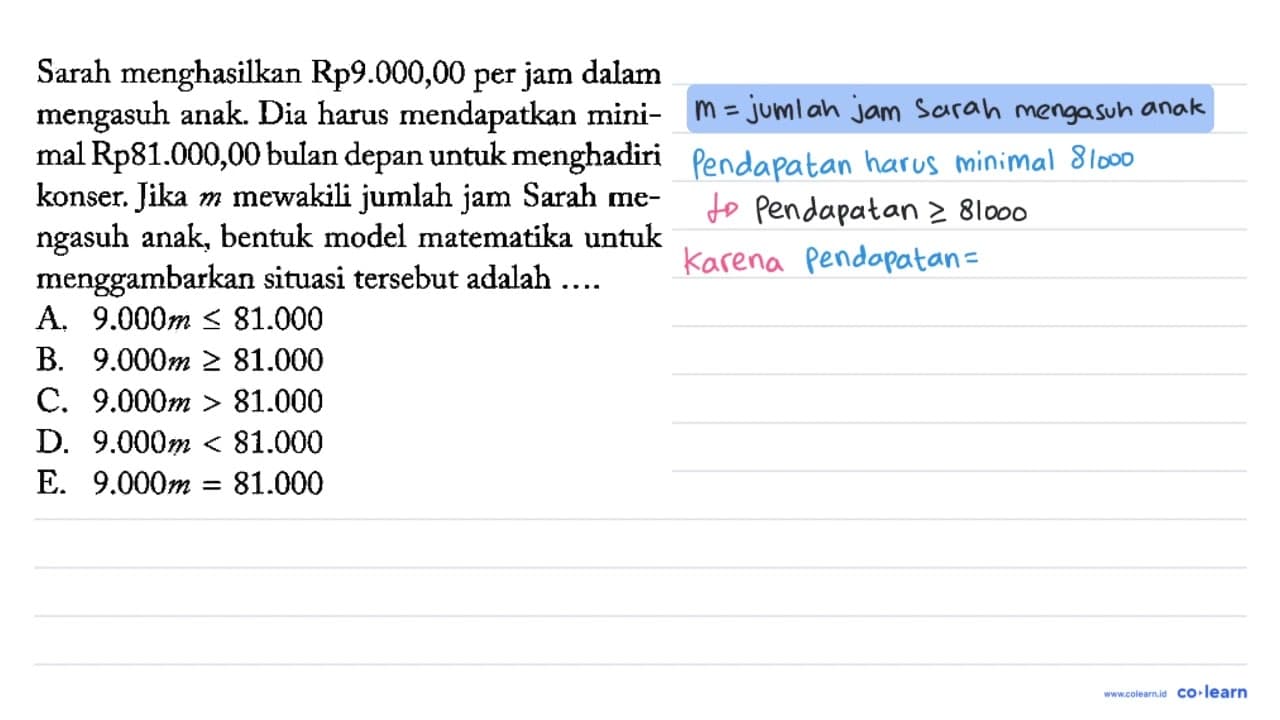 Sarah menghasilkan Rp9.000,00 per jam dalam mengasuh anak.