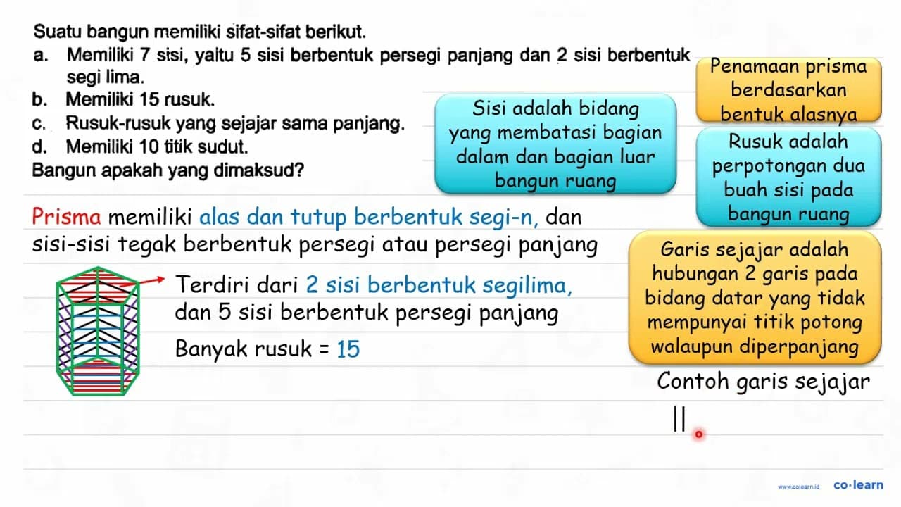 Suatu bangun memiliki sifat-sifat berikut. a. Memiliki 7