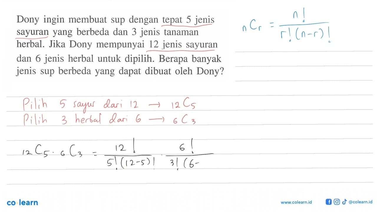 Dony ingin membuat sup dengan tepat 5 jenis sayuran yang