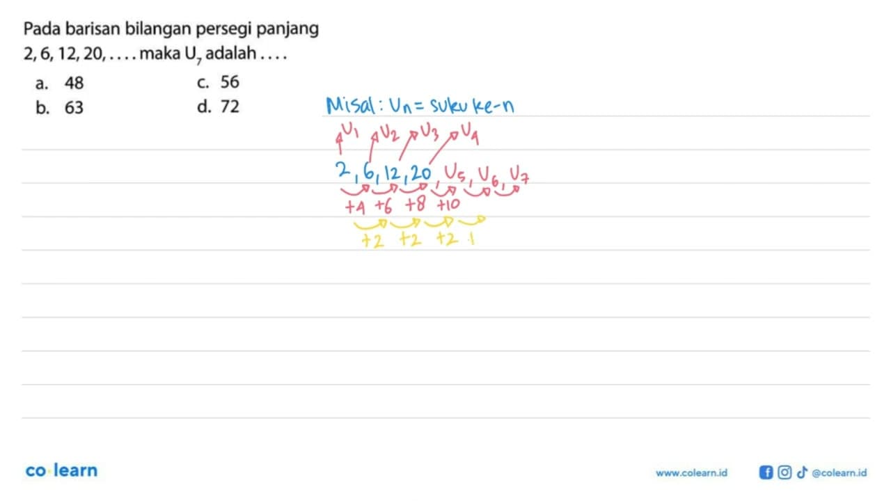 Pada barisan bilangan persegi panjang 2,6,12,20,... maka U7