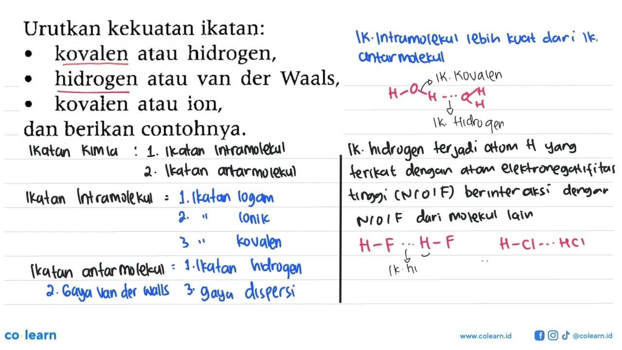 Urutkan kekuatan ikatan: • kovalen atau hidrogen, •