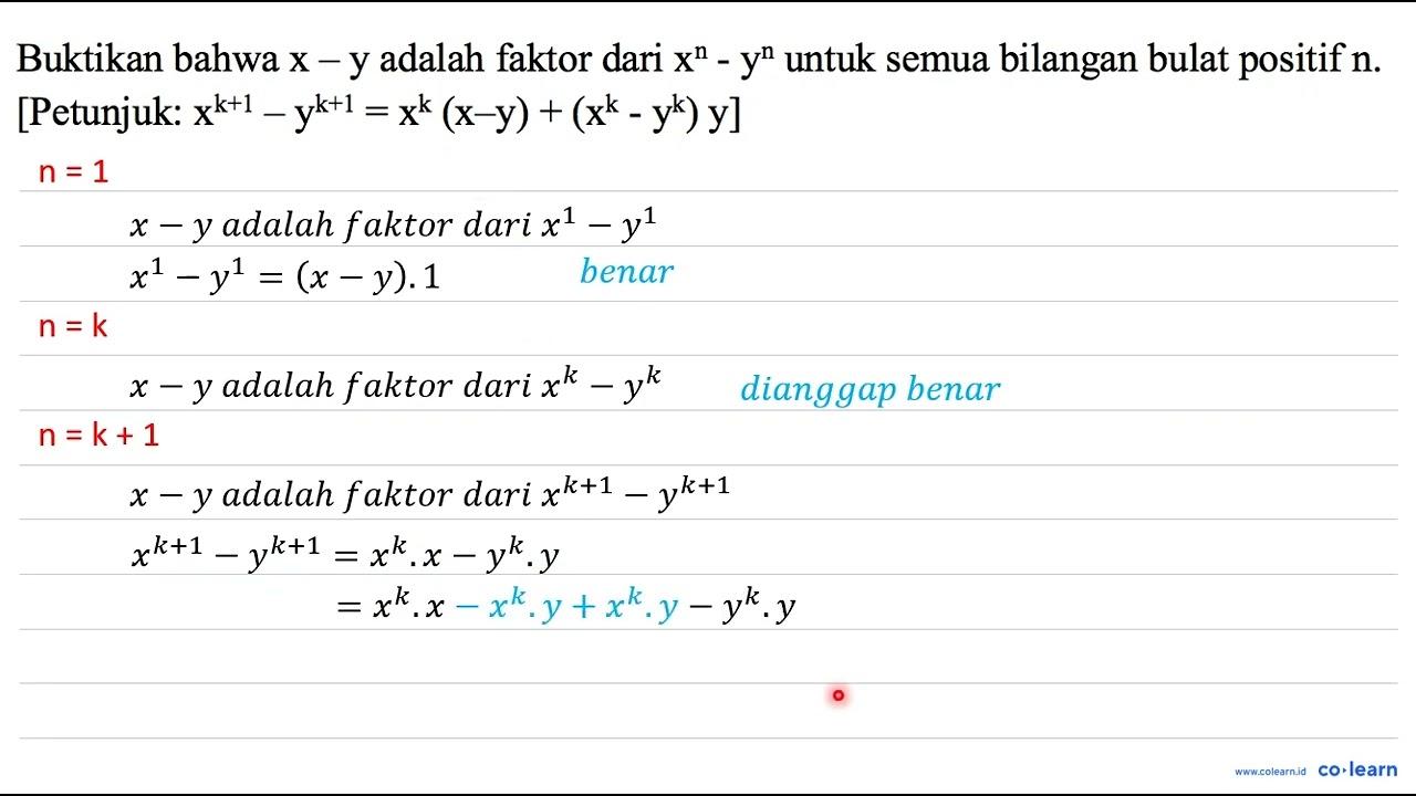 Buktikan bahwa x-y adalah faktor dari x^(n)-y^(n) untuk