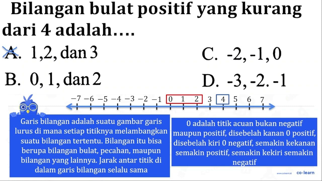 Bilangan bulat yang kurang dari 4 adalah .... A. 1,2, dan 3