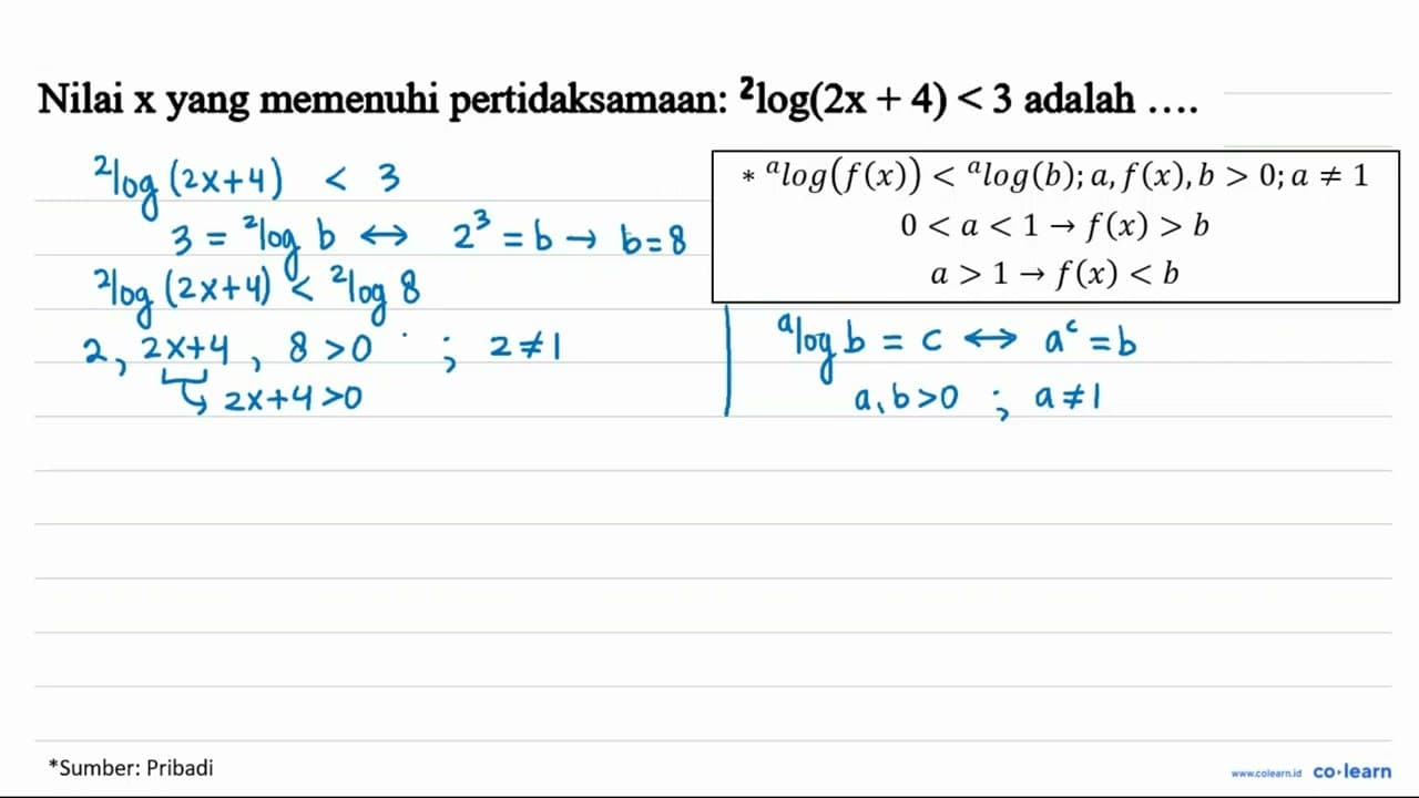 Nilai x yang memenuhi pertidaksamaan: 2log(2x+4)<3 adalah