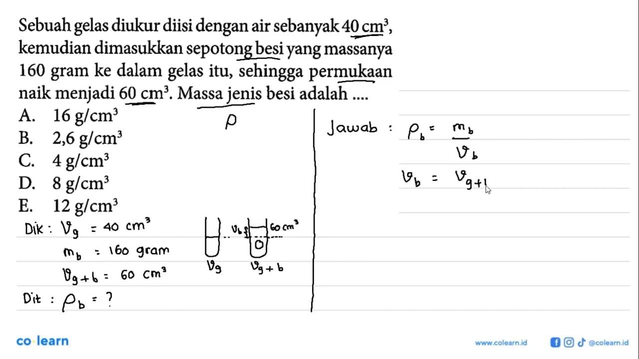 Sebuah gelas diukur diisi dengan air sebanyak 40 cm^3 ,