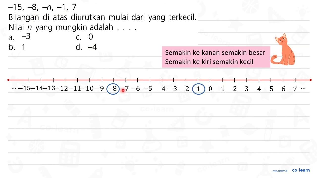 -15,-8,-n,-1,7 Bilangan di atas diurutkan mulai dari yang