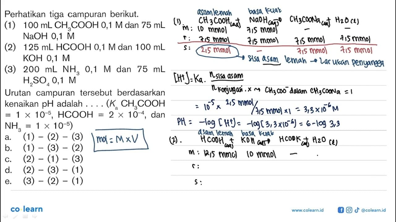 Perhatikan tiga campuran berikut.(1) 100 mL CH3 COOH 0,1 M