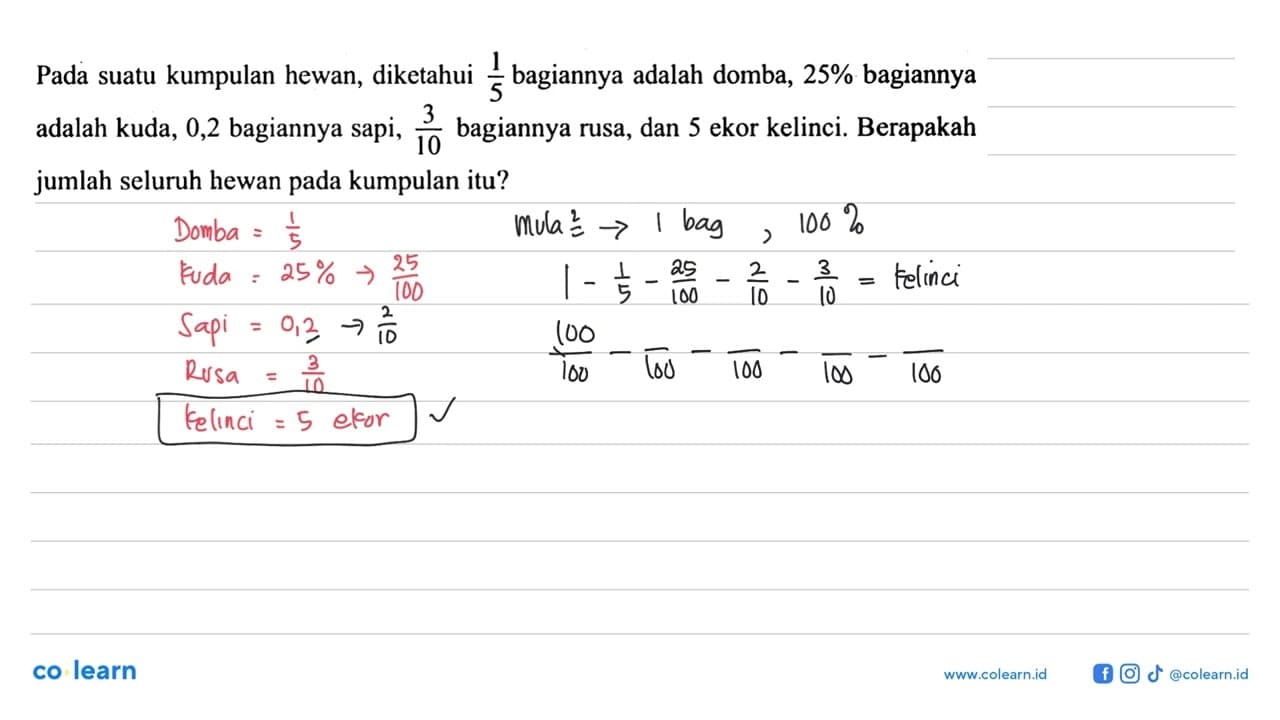 Pada suatu kumpulan hewan, diketahui 1/5 bagiannya adalah