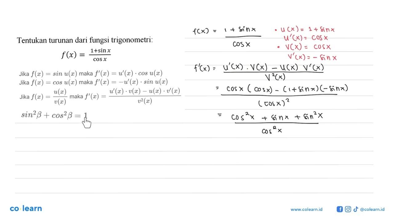 Tentukan turunan dari fungsi trigonometri: f(x)=(1+sin