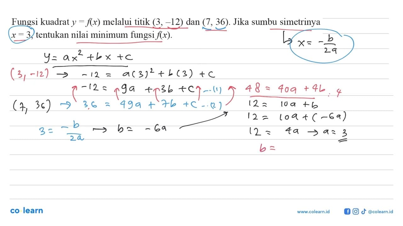 Fungsi kuadrat y=f(x) melalui titik (3, -12) dan (7, 36).