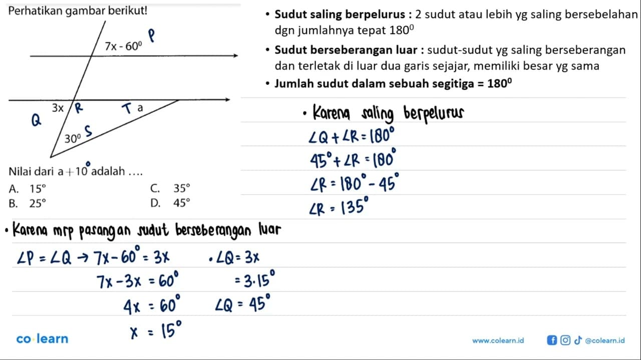 Perhatikan gambar berikut! 7x-60 3x 30 a Nilai dari a+10