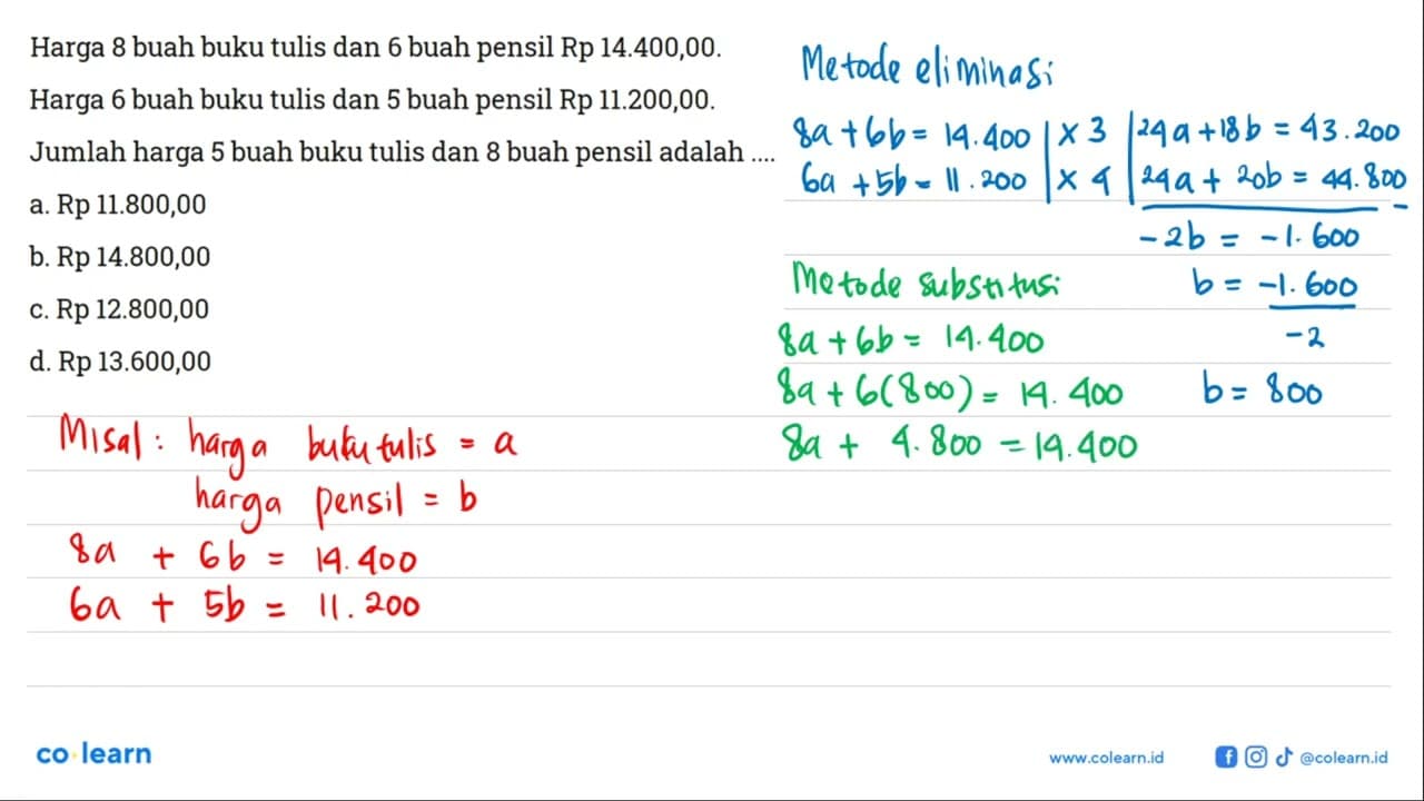 Harga 8 buah buku tulis dan 6 buah pensil Rp 14.400,00.